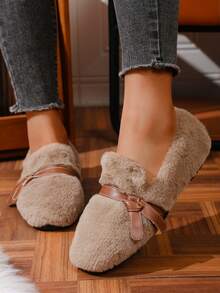 Sapatos femininos rasos de pelúcia, macios e confortáveis, com bico redondo, ideais para o dia a dia no outono/inverno. - Caqui - Ver 5