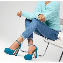 HDEUOLM Womens Chunky Block High Platform Heel Round Toe Closed Toe Pumps Two-Piece Ankle Strap Buckle Party Cute 53 Inches HeelsChristmas - 藍色 - 查看 11