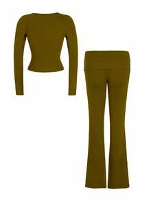 GAOVOT Women's Two Pieces Spring Summer Y2K Slim Sexy Solid Color Square Collar Long Sleeve Top And Slightly Flared Trousers Pant Suit - Olive Green - View 10