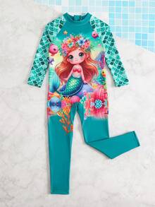 Girls Cute Mermaid Print Zipper Long Sleeve One-Piece Rash Guard Swimsuit - Mint Blue - View 2