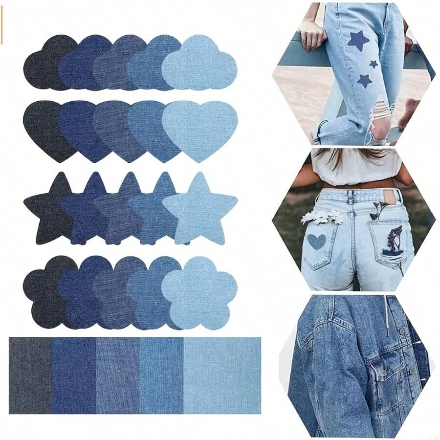5pcs Iron-On Patches - 5 Colors (Blue Shades) With Heart, Flower, Star & Cloud Shapes For Clothing Decoration & Repair - Durable Fabric For DIY Customization, Clothing Patchwork , Creative Fabric Decoration, Fun Shape Patches, Easy Apply Patches