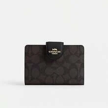 Coach Medium Corner Zip Wallet Leather Bifold Card Holder Wallet Clutch Bag Compact Ladies Purse In Signature Canvas,Snap Closure - Black - View 6