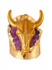 1pc Punk Western Cowboy-Style Personalized Gold Titanium Steel Bull Head Asymmetrical Natural Stone Open Ring For Women Perfect For Music Festivals, Parties, Street Style, And Everyday Outings 18K Gold-Plated Fashionable Ins Unisex Ring Jewelry Valentine's Day (Each Natural Stone Is Unique, And There May Be Variations In Color.) - Bull's Head Natural Stone Ring - View 10