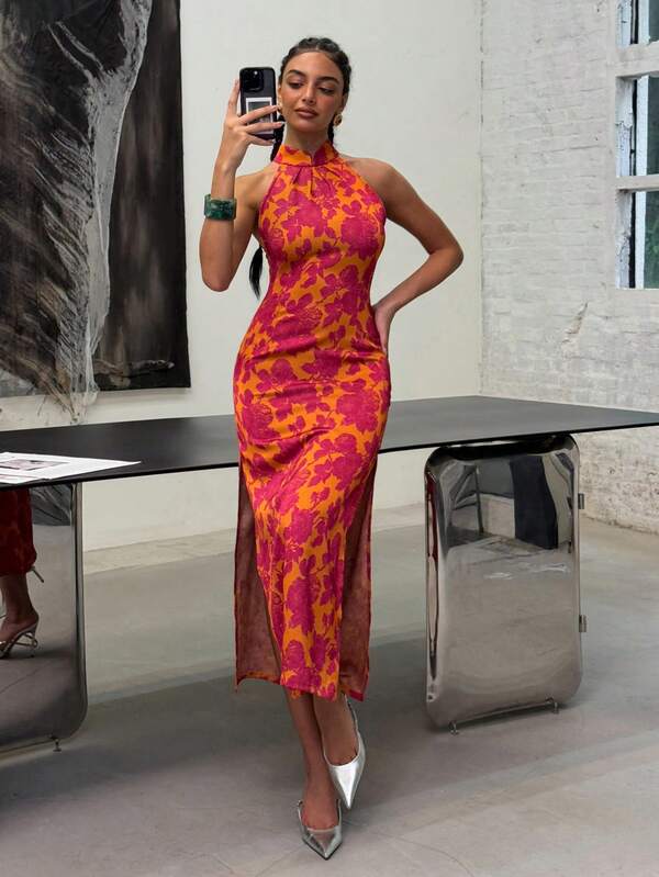​Women's Exquisite New Chinese Style Cheongsam: Mandarin Collar, Sleeveless Design, Side Slit & Floral Print - For Formal Galas, Wedding Receptions, Luxury Banquets, Business Dinners, Evening Ceremonies​ Suitable For New Year And Valentine's Day Party Outfits