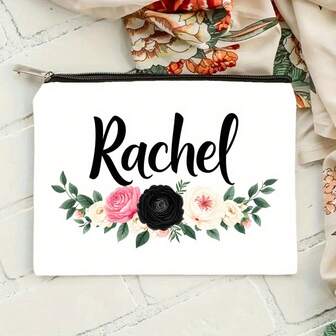 Floral Makeup Bag: Black, White And Pink Floral Art Interwoven, Personalized Name Customization Showcases Unique Style. It Is A Fashionable Tool For Storing Beauty Items And An Exquisite Accessory That Highlights Personal Style