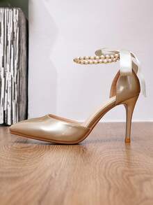 时尚婚礼派对鞋仿珍珠链条蝴蝶结金色皮革尖头超高跟女鞋，细高跟鞋 - 金色 - 查看 10