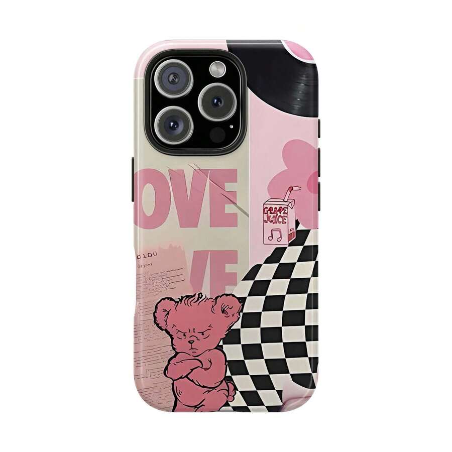 1 Pcs Checkers, Love, Bear Phone Case, Suitable For 17 Pro Max/17 Air/ 16 Pro MAX/15 Pro Max/14 Pro/13 Pro/12/11, Personalized Phone Case For Men And Women,They Are Excellent Gifts For Girlfriends, Boyfriends And Family Members For Christmas And Halloween. - Black - View 1