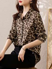 YUXIN 女士春夏复古豹纹衬衫，翻领长袖宽松款，适合日常外出/轻度社交场合，透气修身时尚上衣 - 咖啡 - 查看 4