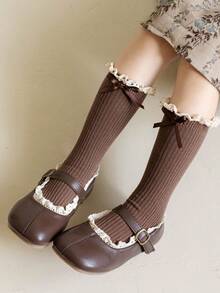 1/2 Pairs Girls' Soft Knit Ribbed Lace Trim Bow Tie Knee High Socks, Versatile For Casual, Party, School, Vacation, All Seasons, Children Gift