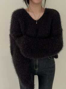 韩版时尚百搭V领毛绒休闲长袖针织衫女款 - 黑色 - 查看 4