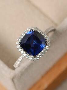 1pc Fashionable Square Zirconia Ring For Women, Suitable For Daily Wear - Royal Blue - View 3