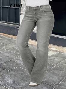 Plus Size Women's Flare Jeans, With Pockets, Button, Zipper And High Stretch Fabric - Light Grey - View 5