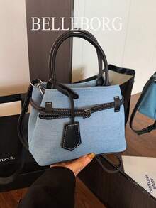 BELLEBORG Bolso de mano cuadrado pequeño de mujer versátil, elegante y casual, de lona y cuero con hebilla, en color de contraste y estilo vintage