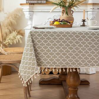 1 pieza de mantel con borlas de estilo lino, estilo vintage con borlas, hecho de fibra de poliéster, lavable, adecuado para mesitas de noche, mesas de comedor, mesas de café, fundas de sofá, hogares de estilo granja, comedor del hogar, cocinas, cenas, fiestas, Acción de Gracias, decoraciones de otoño y decoración durante todo el año.