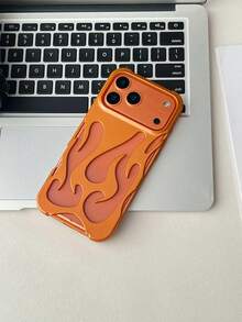 Y2K Metallic Fashion Silver Matte Spray Oil Cool Hollow Flame Pattern Shockproof TPU Protective Phone Case Cover Compatible With Iphone11/12/13/14/15/16/17 PROMAX Women's Day Gift - Orange - View 3