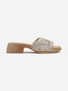 Sandalias casuales de verano de mujer tipo mules de ganchillo bohemio - Dorado - Ver 3
