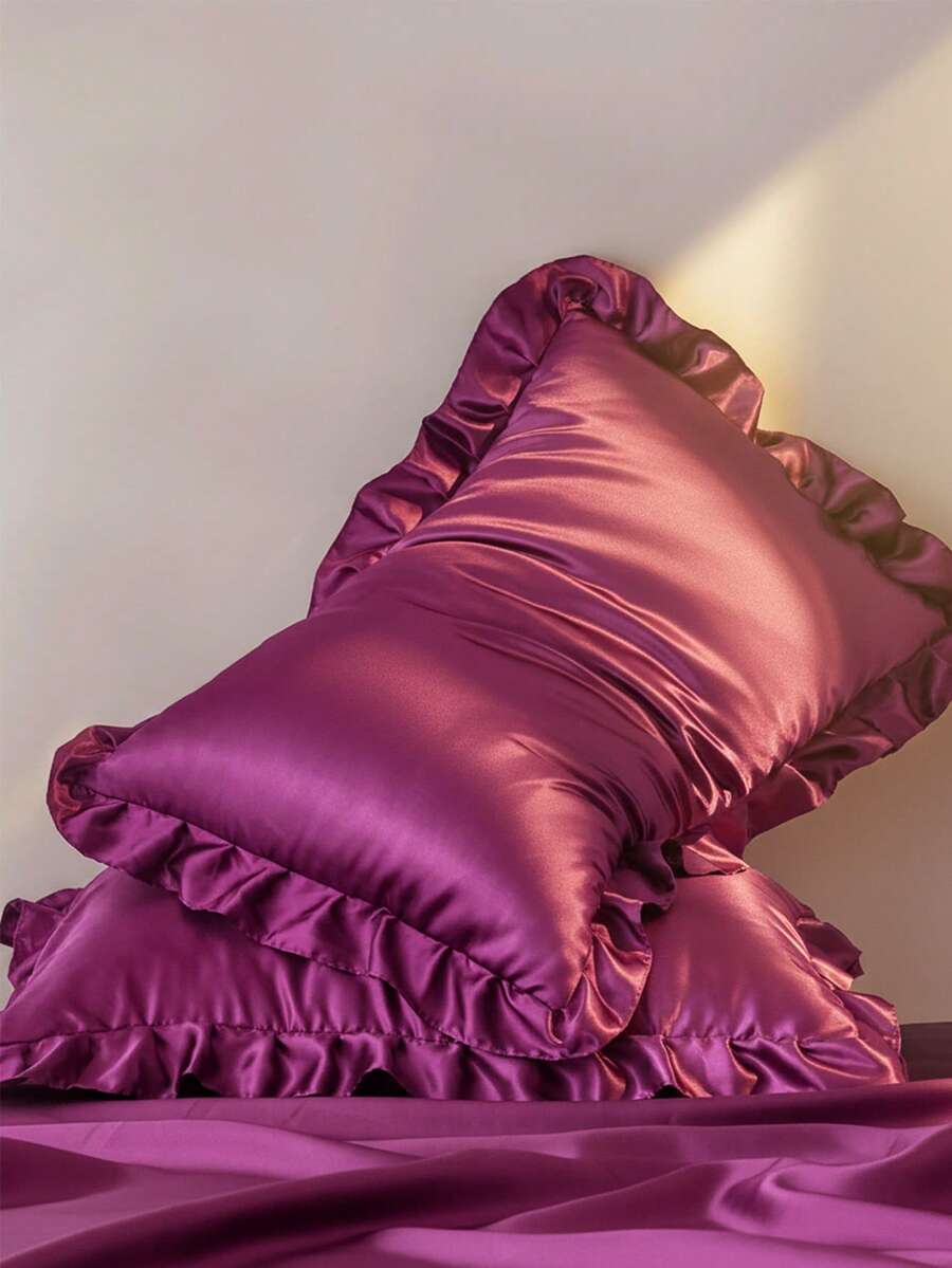 Bộ 2 vỏ gối satin lụa cao cấp kèm ren, mềm mại, thoáng khí, không nhăn, tốt hơn cho tóc và da khi ngủ, vỏ gối không có ruột. Có thể giặt bằng máy, màu tím - Màu tím - Xem 1
