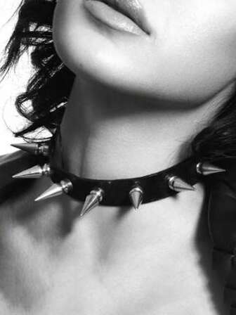 女士哥特铆钉项链，暗黑 E 女孩万圣节项链，原宿颈链时尚朋克 PU 皮革多尖颈链项链颈链颈环男士珠宝