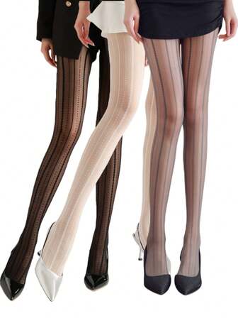 女士时尚竖条纹花卉提花蕾丝连裤袜，不透明3D效果连裤袜