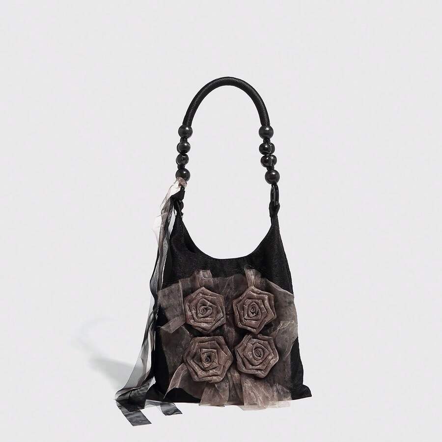 1pc Vintage Chinese Style Floral Decor Handbag With Pleated Underarm Pouch, Suitable For Daily Commute, Shopping, Strolling - Black - View 1