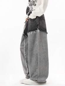 Justice Brother 1pc American Style Patchwork Men's Black Denim Jeans, All-Season Versatile Casual Comfortable Loose Wide Leg Long Pants (Belt/Accessories Not Included) - Black - View 5