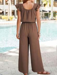 Womens Summer Loose Spaghetti Strap Short Jumpsuit Rompers - Caqui - Ver 2