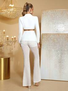 New Women's White 2 Pieces Set With Sexy Three-Dimensional Flower Splicing Long Sleeved Suit Jacket And Handmade Beaded Pants, Fashionable Party Formal Dinner Set - White - View 5