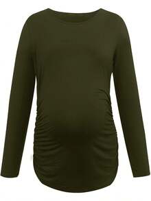 Womens Maternity Long Sleeve Tshirt Classic Side Ruched Tee Top Mama Pregnancy Clothes - xanh quân đội - Xem 2