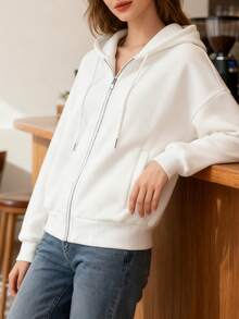 Women's Chic White Zip-Up Hoodie - Casual Geometric Pattern Polyester Sweatshirt, Machine Washable And Dry Cleanable, Ideal For Spring/Summer/Fall, Sweater Hoodie - White - View 5
