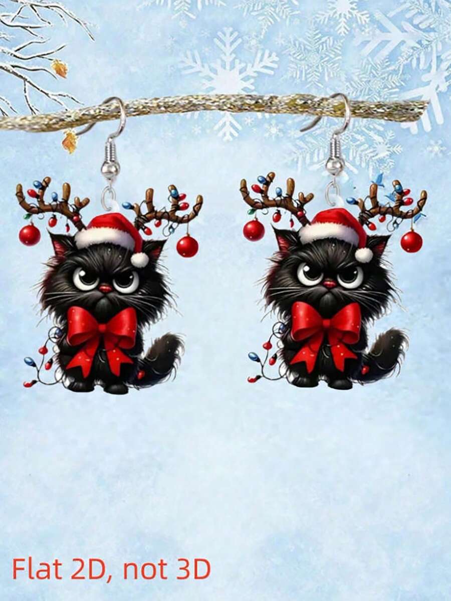 زوج من أقراط قلادة قطة سوداء الأبعاد، بتصميم إضاءة ملون وفيونكة، طباعة مزدوجة الجانب على أكريليك مسطح، أقراط كرتونية خفيفة للعيد المجيد، خالية من المواد المسببة للحساسية، هدية مثالية لعيد الميلاد وعيد الشكر والهالوين للبنات والنساء، إكسسوار أزياء جذاب لأي مناسبة