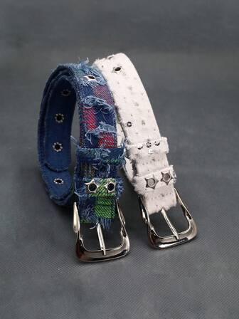 两件套女士配套腰带，白色牛仔布和彩色牛仔布腰带，饰有亮片星星，做旧破洞 Y2K 休闲帆布腰带