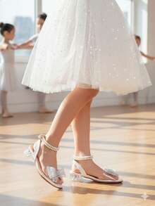 1双新款夏季时尚罗马珍珠装饰高跟凉鞋，女童学生舞蹈表演鞋，适合婚礼、派对、日常穿着，舒适低跟，儿童水晶公主高跟鞋 - 白色 - 查看 3