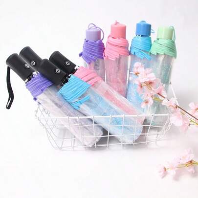 1 pieza Paraguas plegable, Paraguas de lluvia portátil, Paraguas sombrilla, Protección UV, Paraguas cápsula 2 en 1, Paraguas compacto para exteriores, 8 varillas de fibra de vidrio, Mango ergonómico, Apertura/cierre automático, Patrón romántico de árbol de sakura, Dosel de PVC de alta transparencia