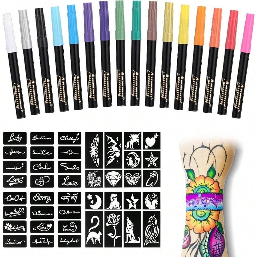 Temporary Tattoo Markers For Skin 16 Body Markers + 77 Assorted Color Large Tattoo Stencils For And Adults Flexible Brush Tip Bright Colors Skin * Cosmetic Grade. - ASSORTED - View 1