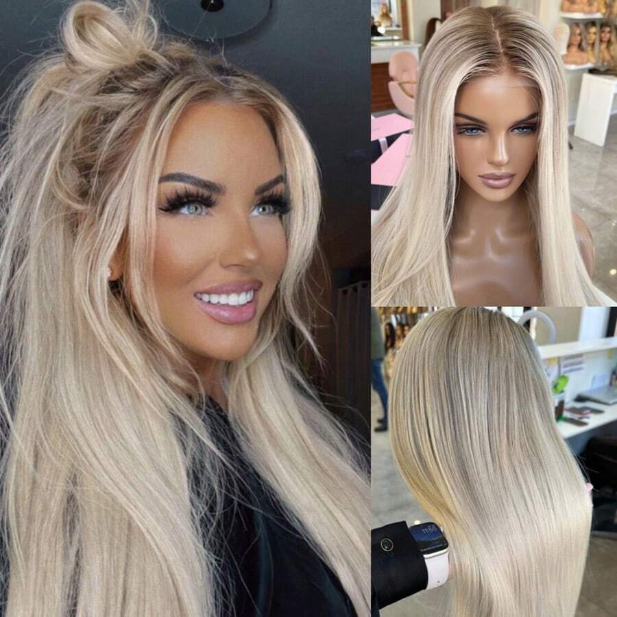 Christmas Party Frosted Wheat Highlight Ash Blonde Straight Human Hair Wig Glueless 13x4 HD Transparent Lace Front Wigs Human Hair For Fashion Women 180% Density Pre Plucked With Baby Hair Wig Brazilian Remy Human Hair - SP24/613 - View 1