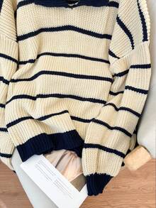 Plus-Size Collegiate-Style Striped Knit Pullover Sweater, Drop-Shoulder Long Sleeves, Ribbed Details, Super Loose Pullover Knit Design - Khaki - View 8