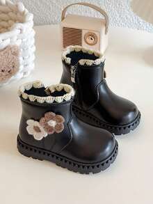 女童皮靴，2025冬季新款可爱时尚碎花保暖加厚儿童踝靴，女童婴儿幼儿大童软底防滑切尔西靴 - 黑色 - 查看 2