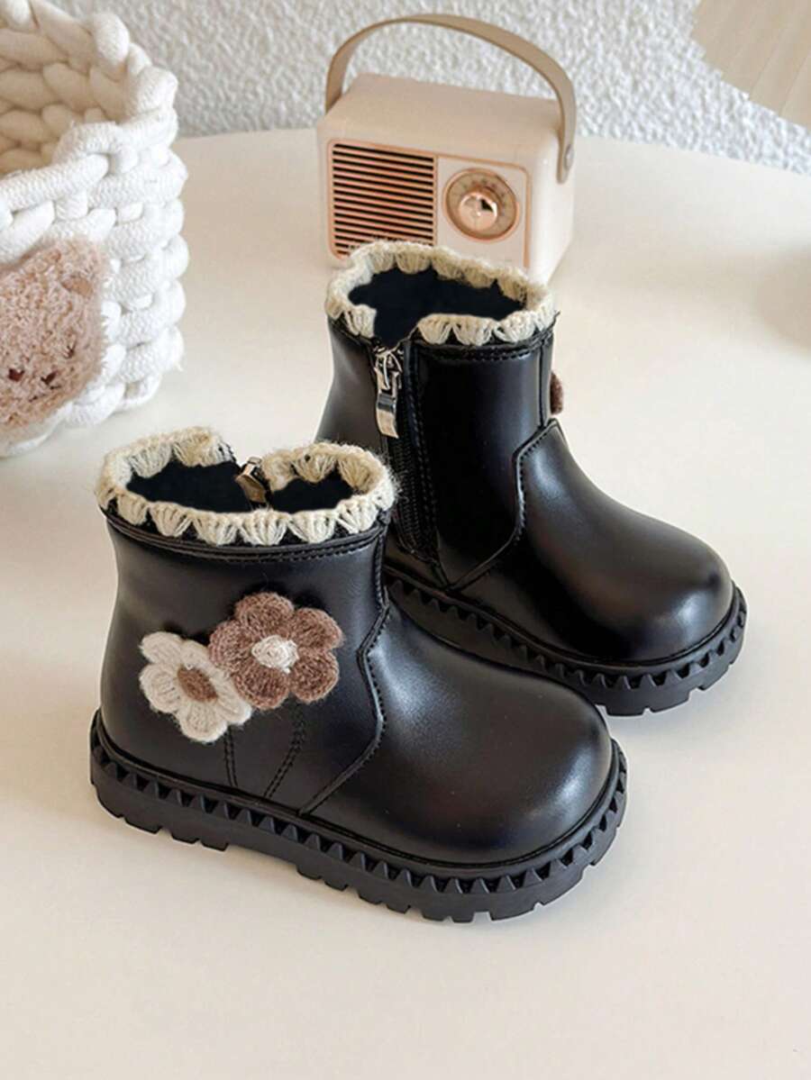 女童皮靴，2025冬季新款可爱时尚碎花保暖加厚儿童踝靴，女童婴儿幼儿大童软底防滑切尔西靴