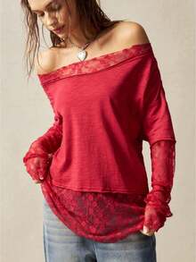 Womens Lace Splicing Mesh Top Long Sleeve One Shoulder Solid Color Lace Trim Vintage Shirt Stylish Chic Boho Party Club Top Blouse  For Vacation Outfits Holiday Outfits Going Out Outftis - 紅色 - 查看 1