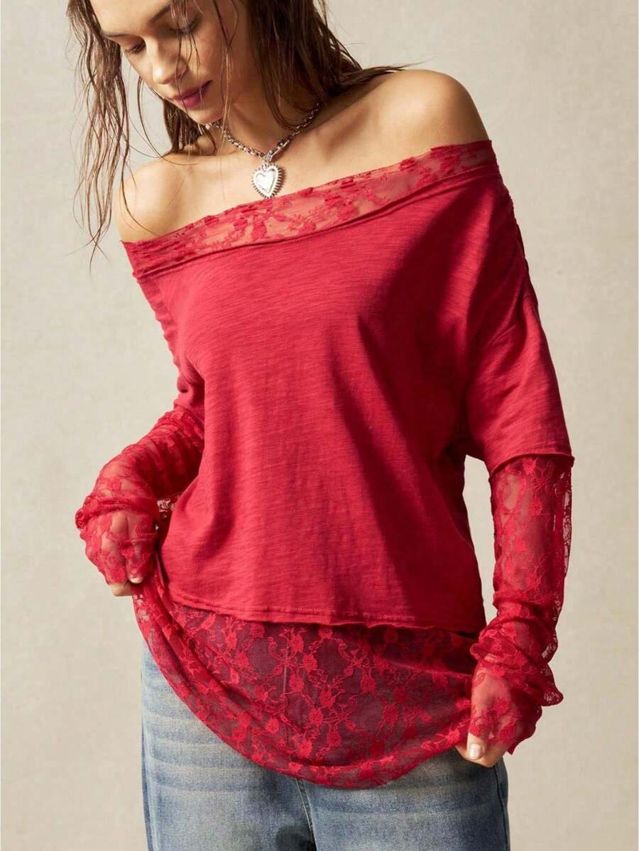 Womens Lace Splicing Mesh Top Long Sleeve One Shoulder Solid Color Lace Trim Vintage Shirt Stylish Chic Boho Party Club Top Blouse For Vacation Outfits Holiday Outfits Going Out Outftis - 紅色 - 查看 1