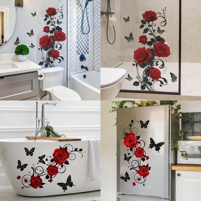 1 miếng dán tường hình hoa hồng đỏ, hoa dây leo, có thể tháo rời, bằng nhựa vinyl, bóc ra và dán, dùng cho phòng tắm, phòng ngủ, phòng ăn, phòng khách, đồ nội thất, cửa, trang trí nhà cửa