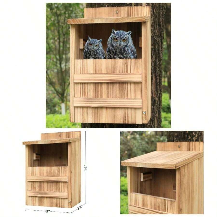 Owl House Outdoors, Screech Nesting Box, Saw Whet Owl Box Big Bird House Outside, Large Wood Rectangular Opening Bird Box - 棕色 - 查看 1