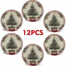 6pcs/Set Round Wooden Coasters, Red Striped Christmas Wreath & Tree Design - 10cm, Suitable For Hot & Cold Drinks, Perfect For Coffee Table Decor And Home Decor, Tabletop Protection, Ideal Housewarming Gift, 2D Printed, Coasters, Kitchen Decor, Kitchen Accessories, Dining Table Decor, Home Decor, Christmas Decor, Christmas Gift, Holiday Gift, Available In 1 Set, 2 Sets Or 3 Sets
