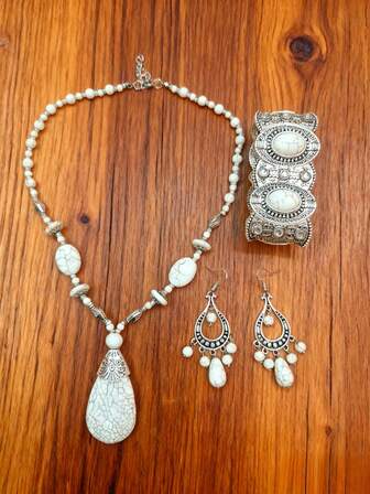 1 套波西米亚风格别致粉红绿松石首饰套装 - 精致项链、耳环和手链套装 - 女士个性单品