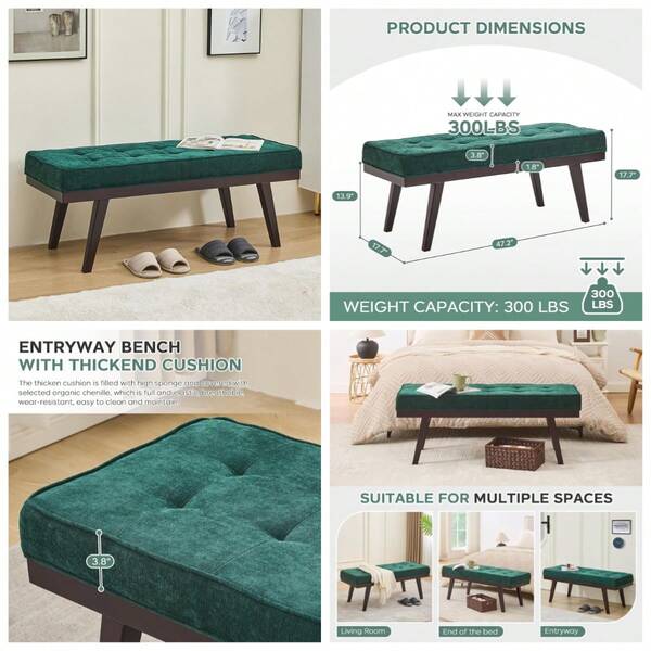 Entryway Bench, 47.2" End Of Bed Bench, Chenille Benches For Bedroom Ottoman Bench With Padded Seat, Tufted Upholstered Indoor Bench With Rubber Wood Legs For Living Room, Mudroom, Hallway, Green