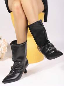 Giày bốt cao gót mũi nhọn, cổ cao, nhún bèo thời trang thu/đông dành cho nữ, giày cao gót mèo con - màu đen - Xem 12