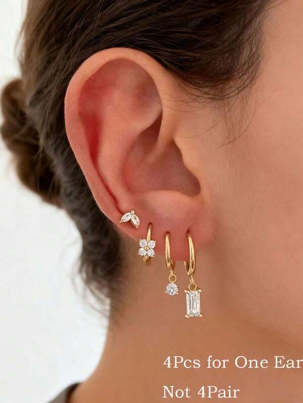 4Pcs Flower Square Zirconia Dangle Hoop Stackable Earrings For Women, 14K Gold Plated Girl Luxury Marquise CZ Stud Cartilage Lobe Helix Multiple Piercing Hoop Earring Statement Jewelry