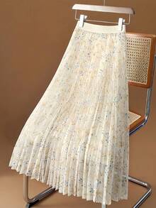 大码女式夏季碎花网纱褶裥A字裙，百搭舒适，适合日常穿着，春季必备 - 杏色 - 查看 4