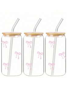 1pc 16oz Transparent Coffee Cup With Bow Design, Comes With Bamboo Lid And Straw, Large Capacity Outdoor Travel Beverage/Juice Cup, Suitable For Summer And Winter, Birthday, Holiday Party Gift, Christmas Gift Glass Water Bottle - Multicolor - View 4