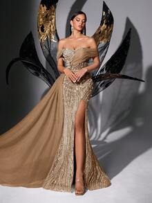 Fairy Style Pink Sequin Beaded Strapless High Slit Mermaid Prom Dress - Champagne - View 7